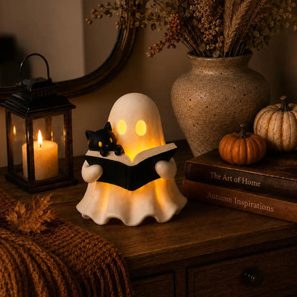 Ghost Reading Book Decor – 3D Printed Figurine with Cat, LED Light, Book Lover Gift