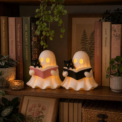 Ghost Reading Book Decor – 3D Printed Figurine with Cat, LED Light, Book Lover Gift