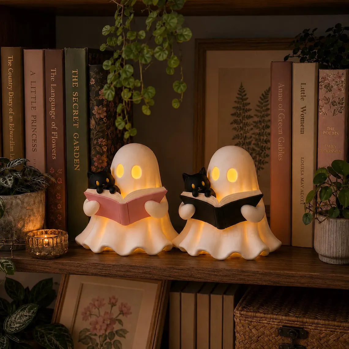 Ghost Reading Book Decor – 3D Printed Figurine with Cat, LED Light, Book Lover Gift