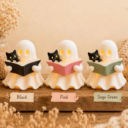 Ghost Reading Book Decor – 3D Printed Figurine with Cat, LED Light, Book Lover Gift
