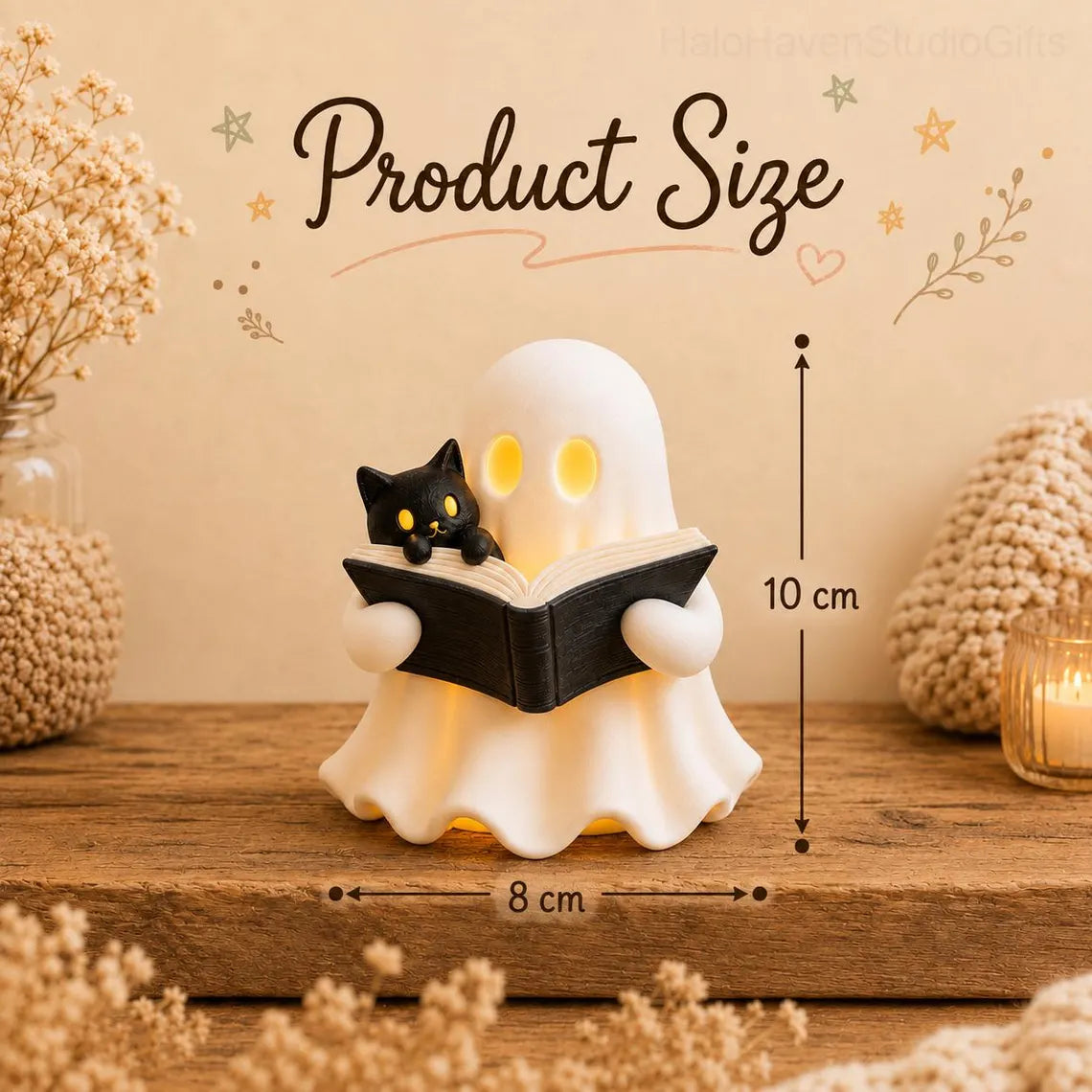 Ghost Reading Book Decor – 3D Printed Figurine with Cat, LED Light, Book Lover Gift