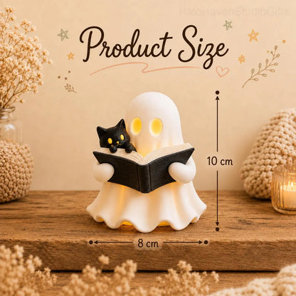 Ghost Reading Book Decor – 3D Printed Figurine with Cat, LED Light, Book Lover Gift