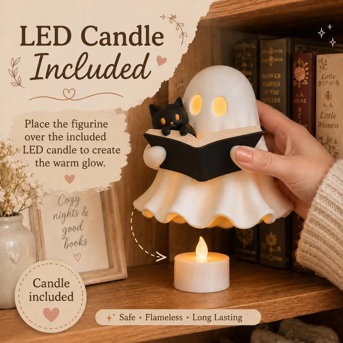 Ghost Reading Book Decor – 3D Printed Figurine with Cat, LED Light, Book Lover Gift