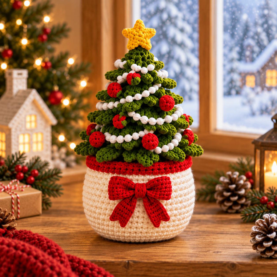 Christmas tree crochet flower pot