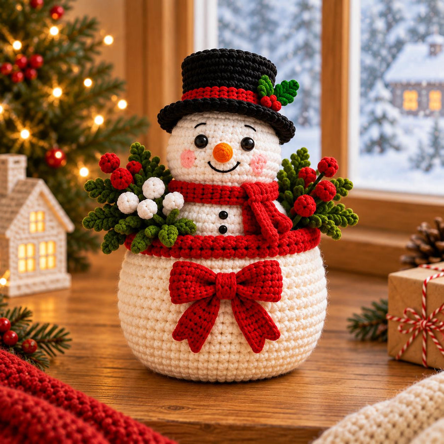 Snowman crochet Christmas flower pot