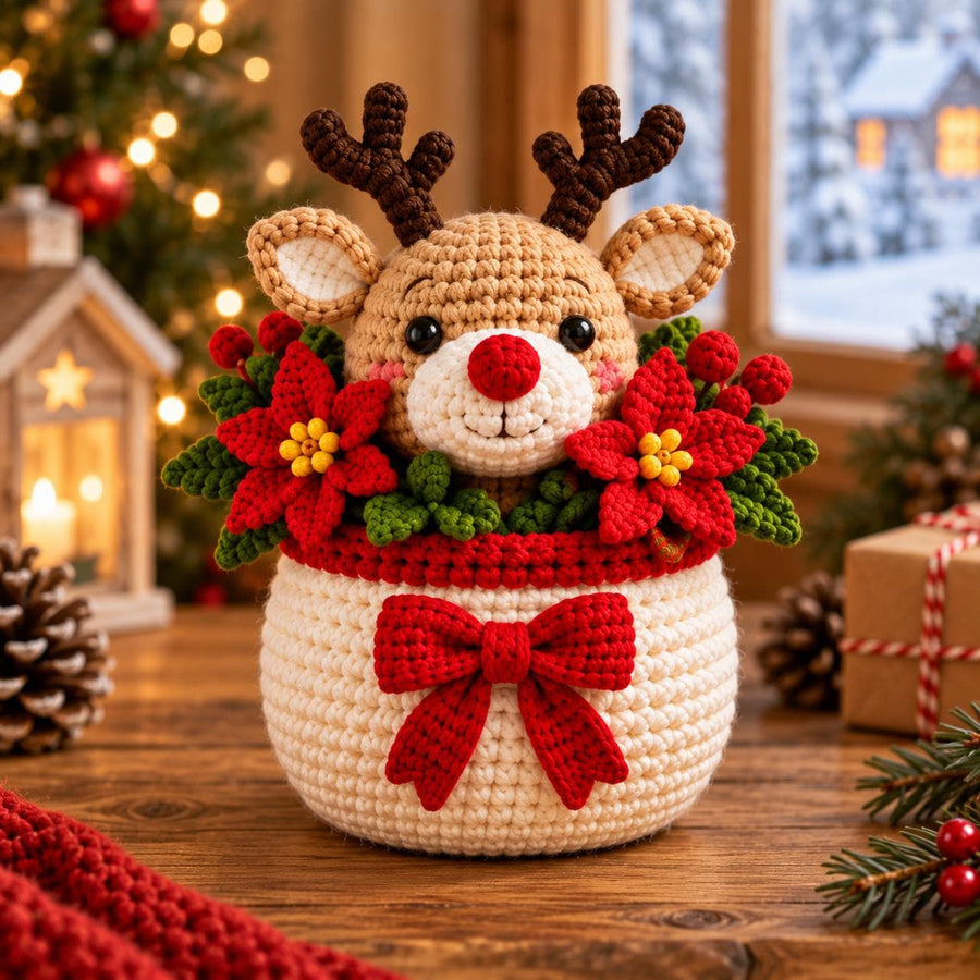 Reindeer crochet Christmas flower pot