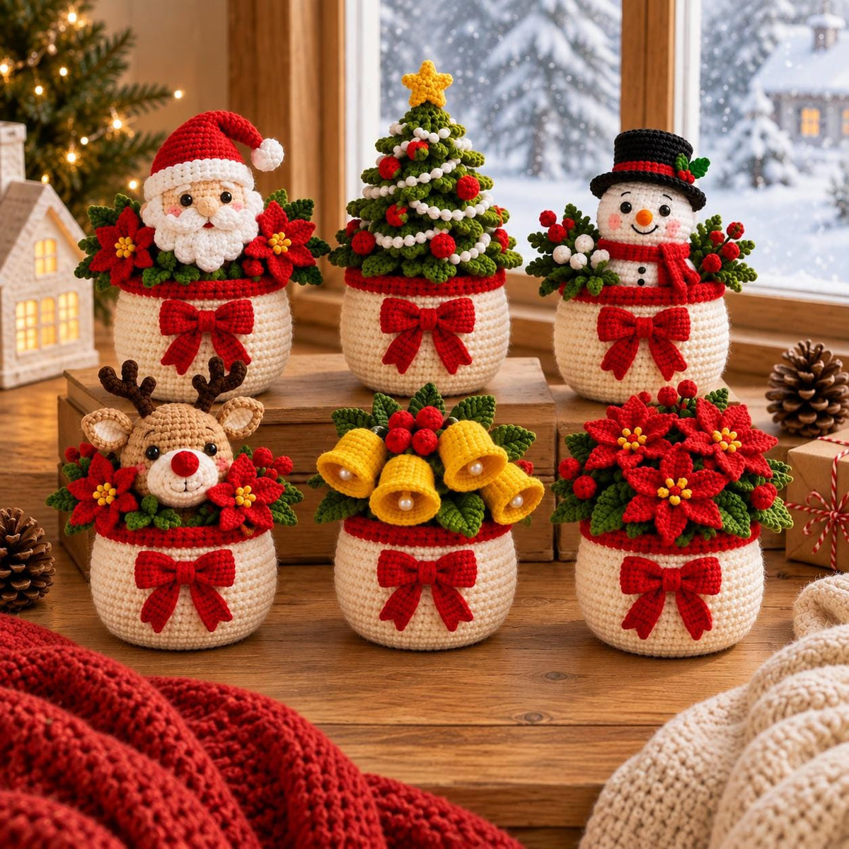 🎄🧶 Little Pots of Christmas Joy™ – Handmade Crochet Christmas Flower Pot Decorations | 6 Adorable Holiday Designs 🎁