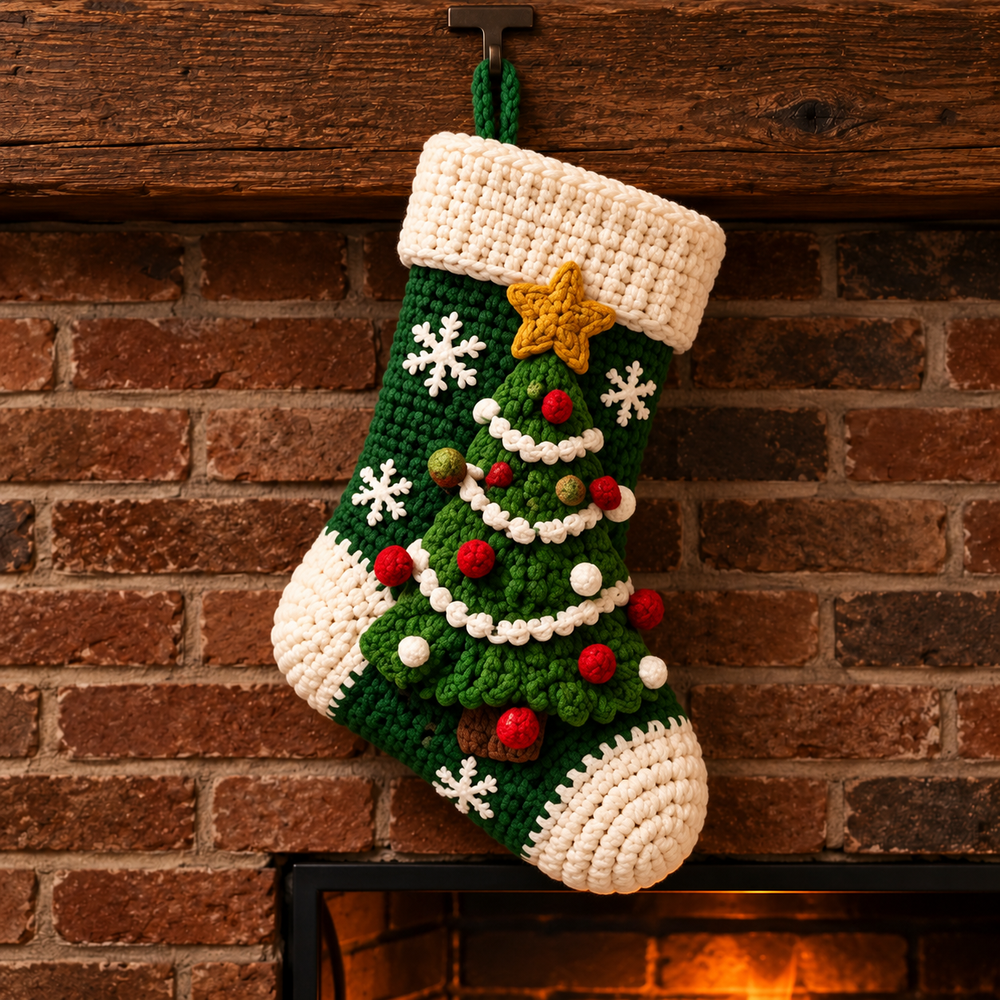 Green crochet Christmas tree stocking with raised Christmas tree, ornaments and gold star