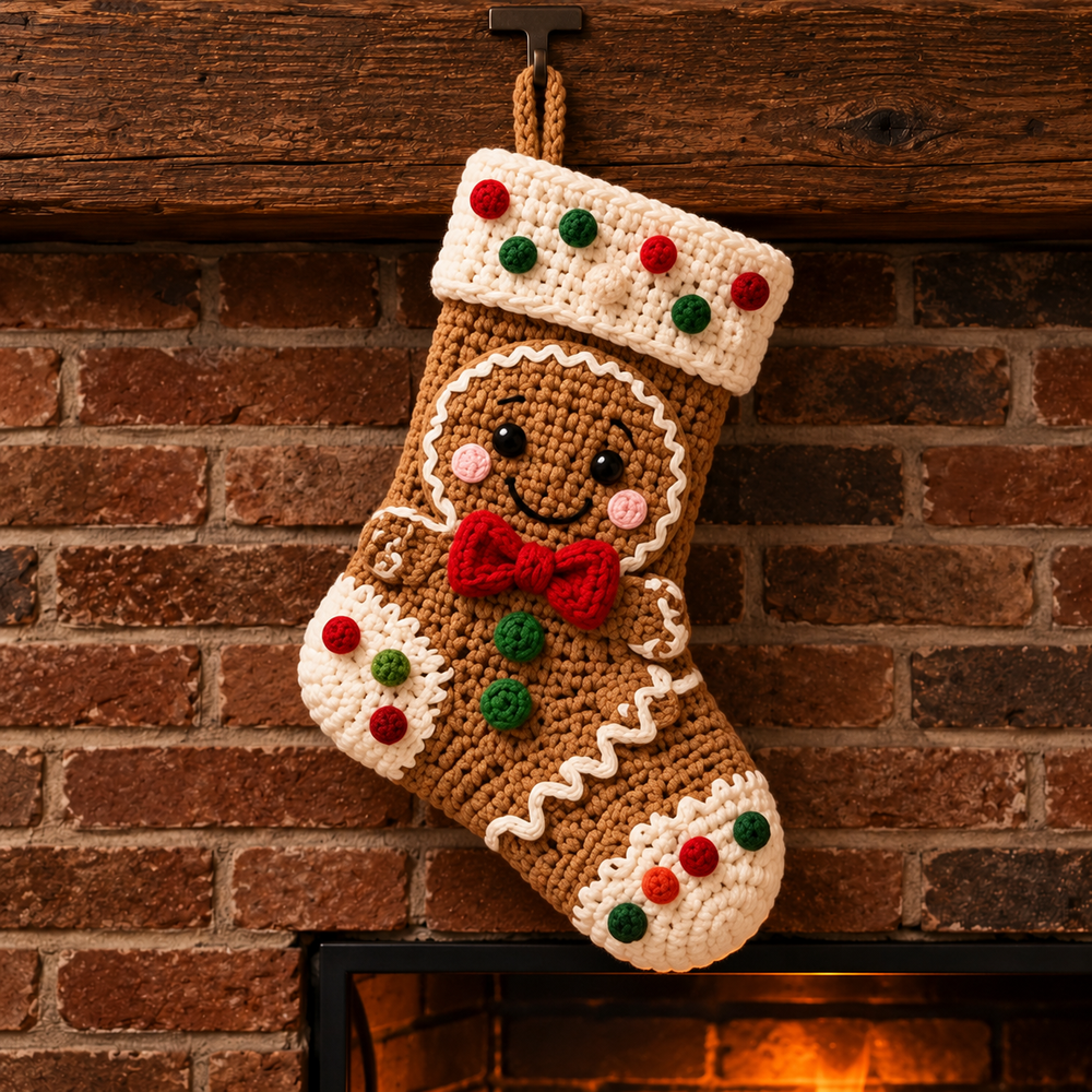 Brown gingerbread crochet Christmas stocking with smiling gingerbread man and red bow