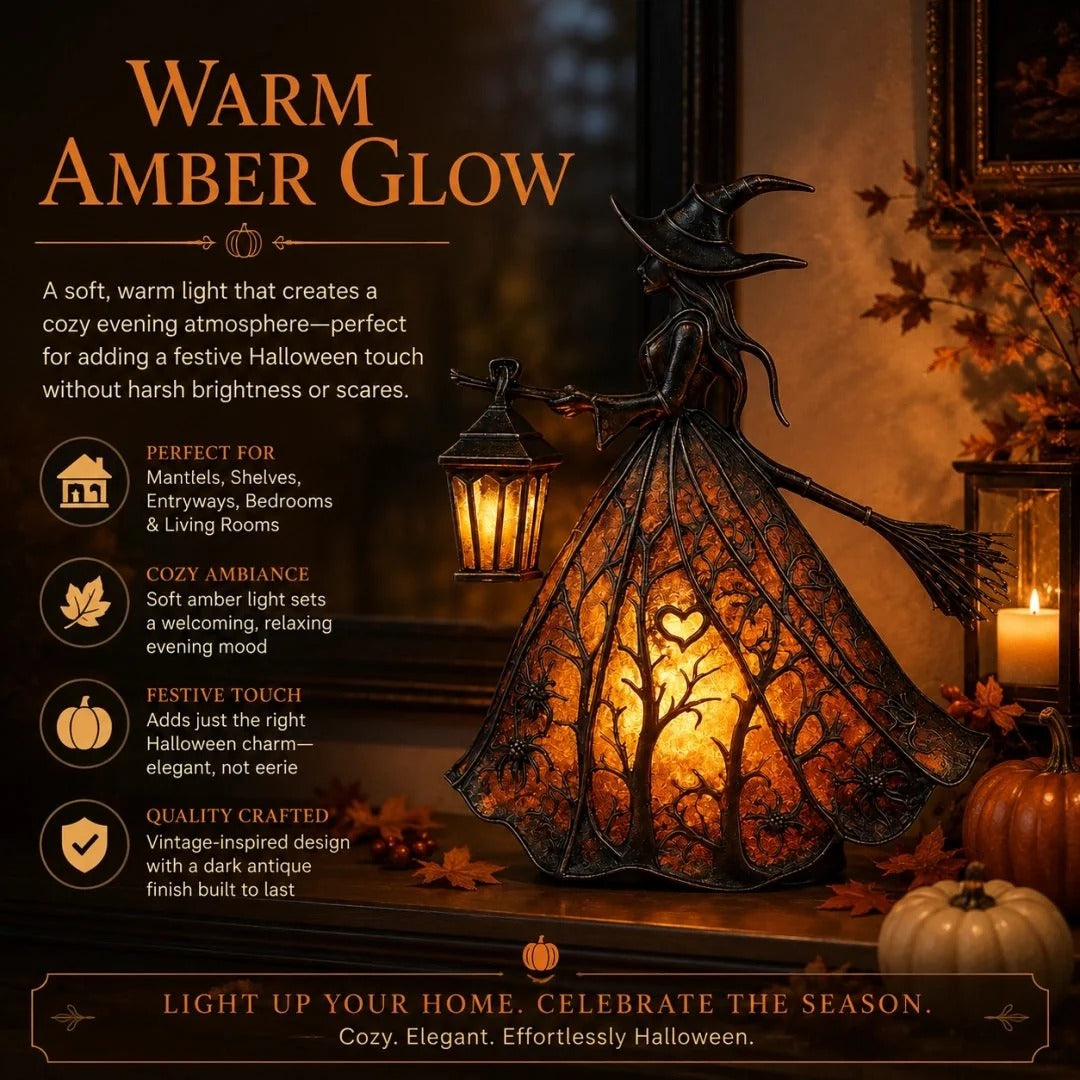 Halloween witch lamp glowing at night