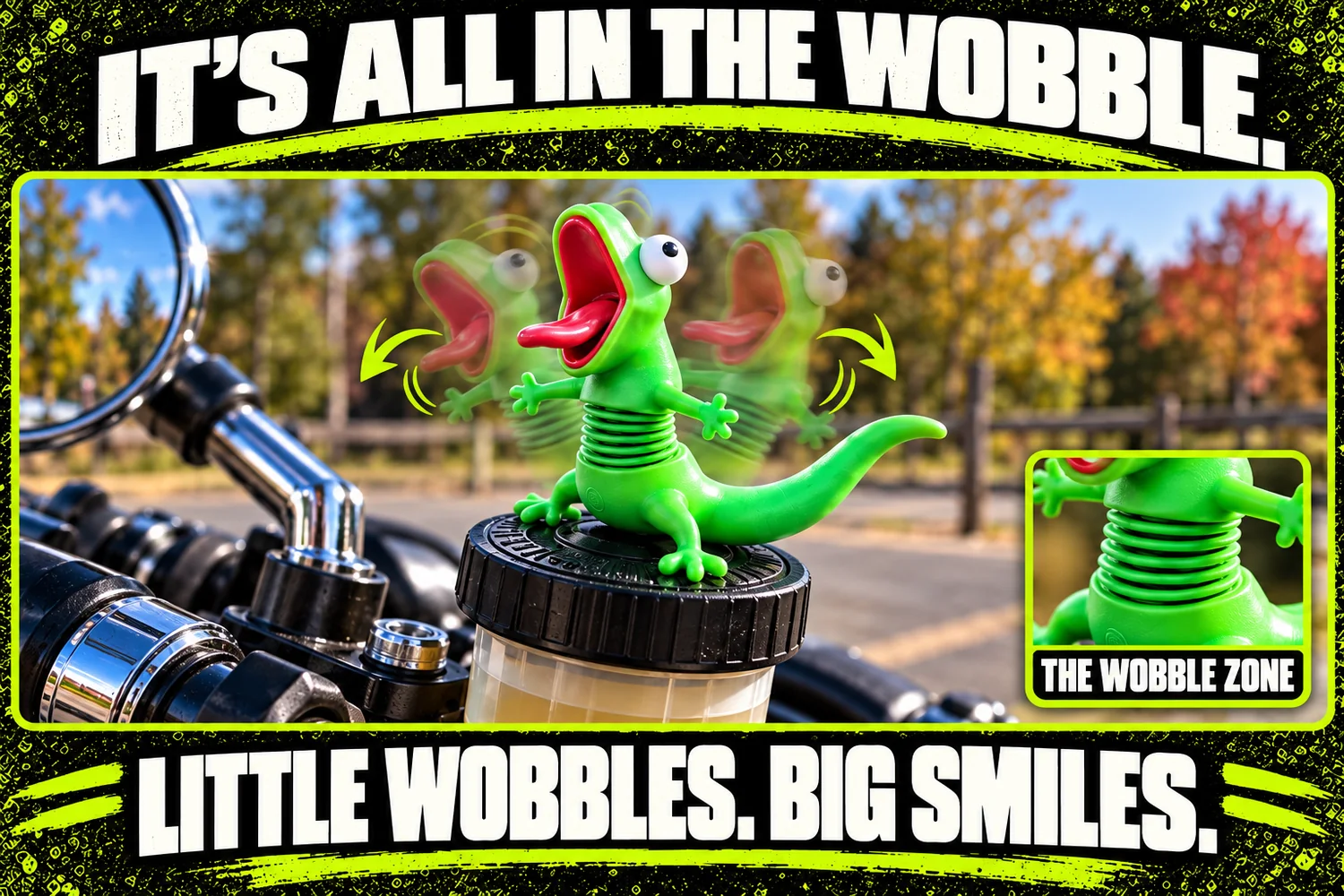 Wobbly Riding Buddy bouncing on a motorcycle