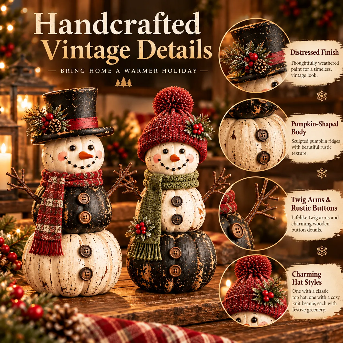 ☃️ Vintage Pumpkin Snowman Duo – Rustic Black & Ivory Farmhouse Christmas Figurines