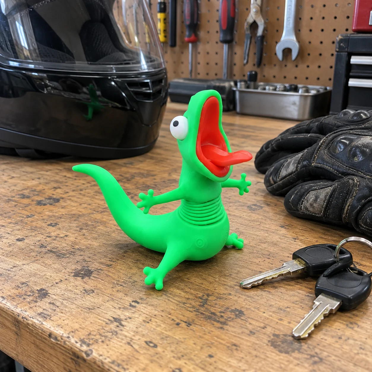 Wobbly Riding Buddy displayed beside motorcycle riding gear