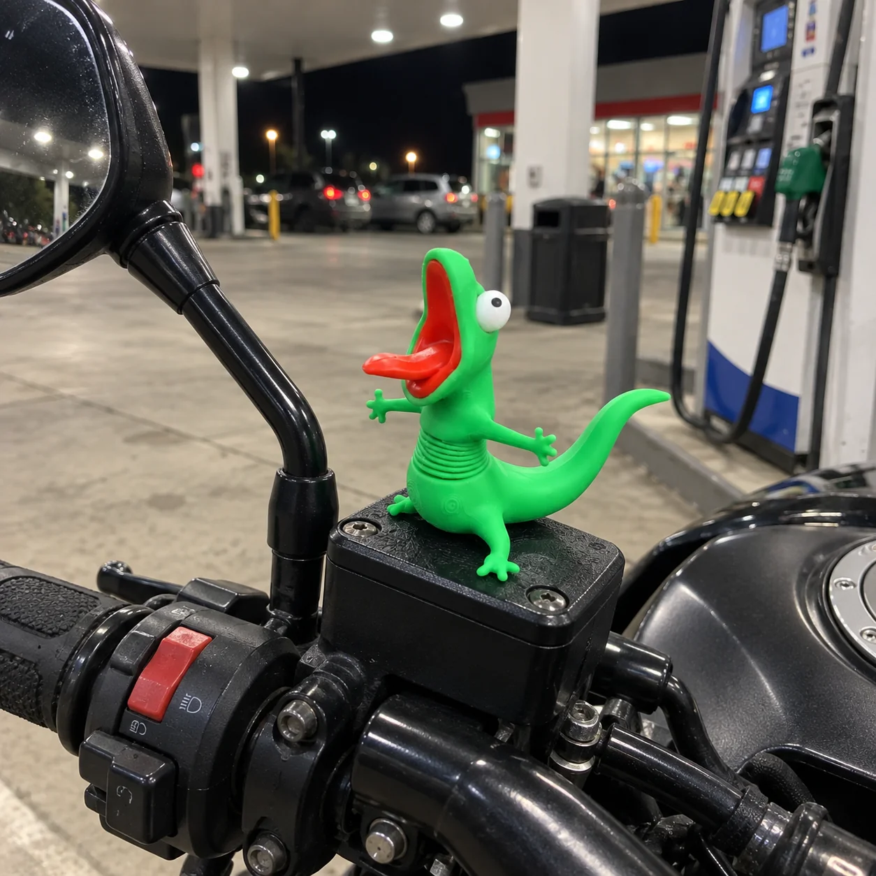Wobbly Riding Buddy on motorcycle at a gas stop