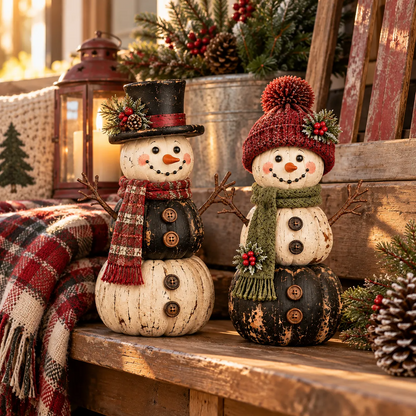 ☃️ Vintage Pumpkin Snowman Duo – Rustic Black & Ivory Farmhouse Christmas Figurines