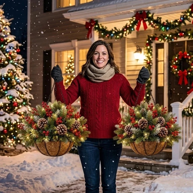 A woman holding Christmas hanging baskets in front of a festive home
