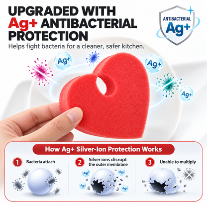 ❤️ Heart-Shaped Dish Scrubbers™ – Ag Silver-Ion Dual-Sided Cleaning Pads with Hanging Holder | 3-Pack
