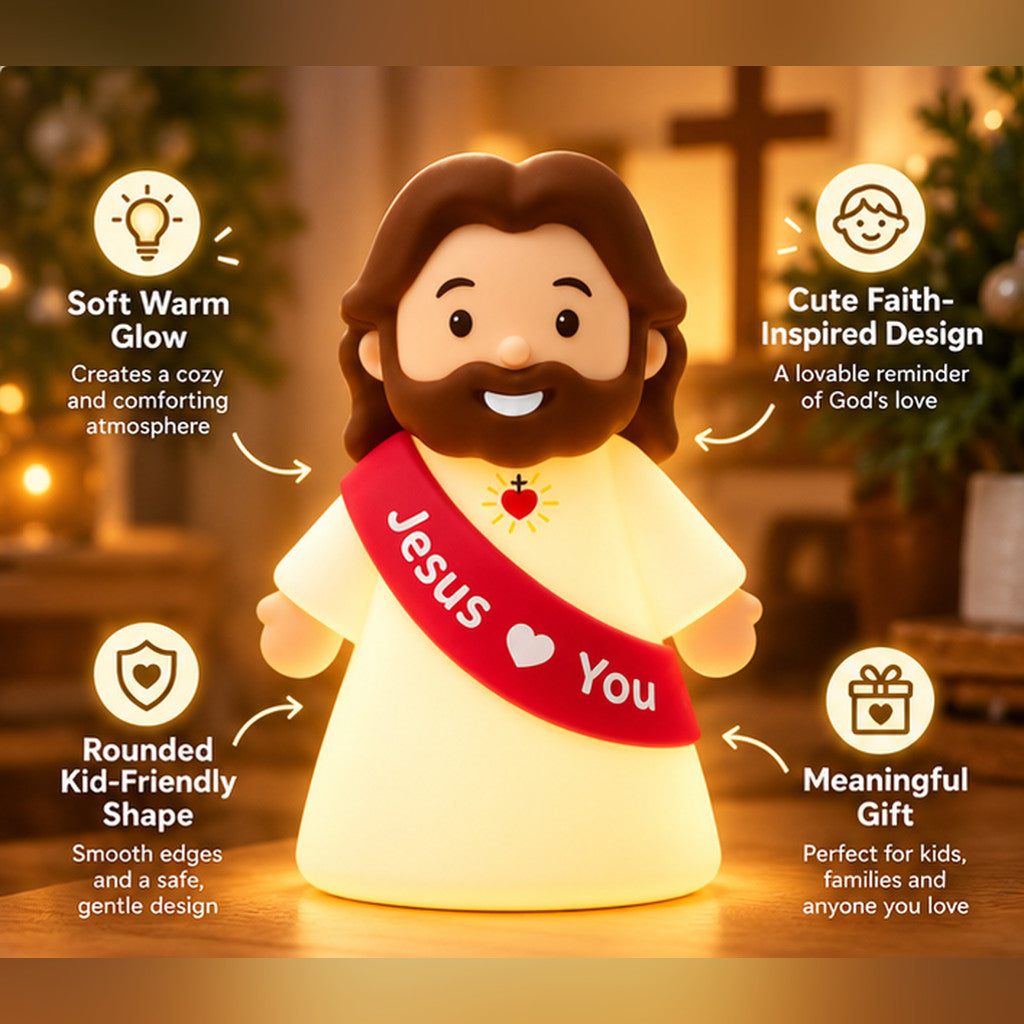 Jesus Loves You warm glowing night light with red sash and white lettering