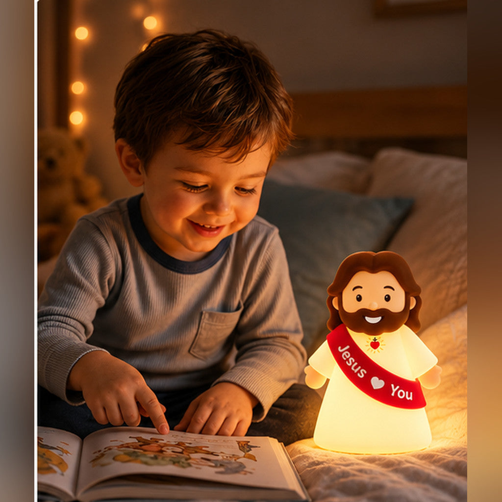 Child enjoying a bedtime story beside the glowing red sash Jesus night light