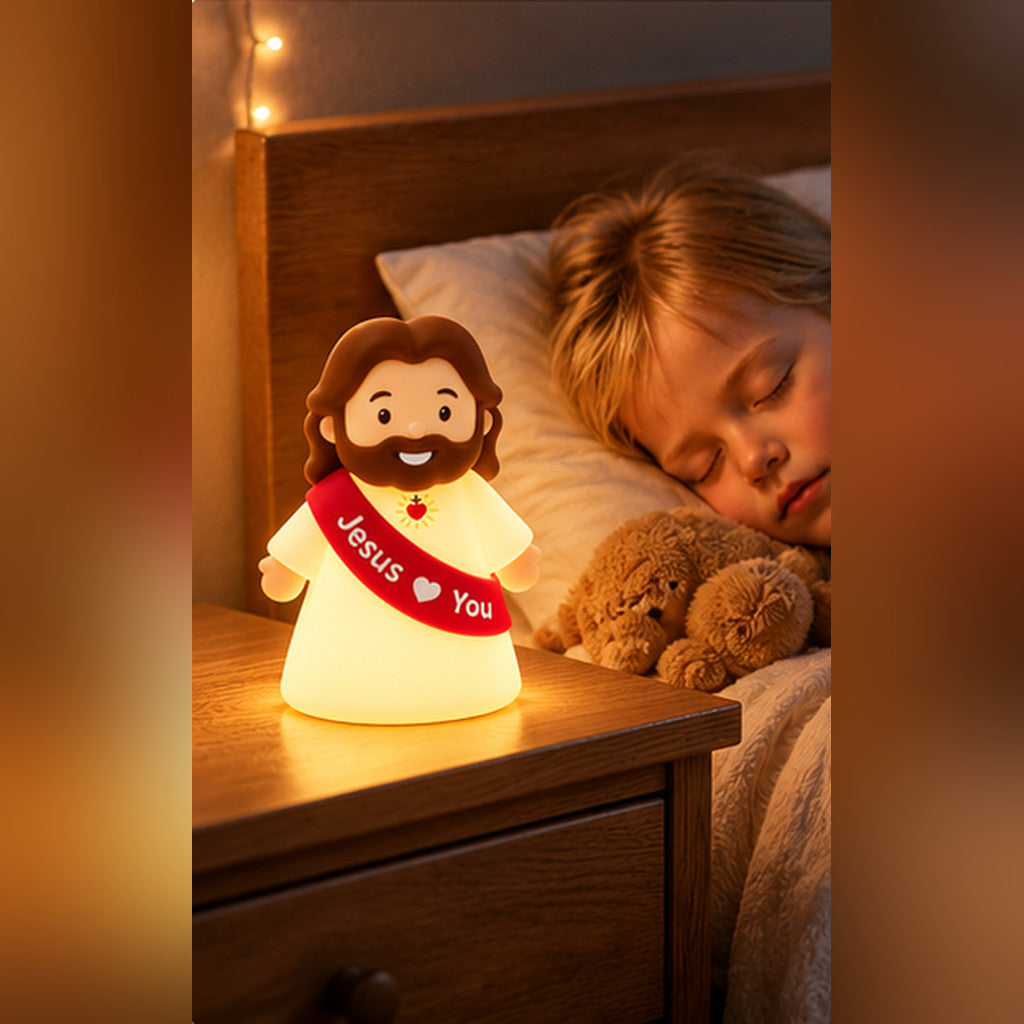 Softly glowing Jesus night light on a bedside table beside a sleeping child