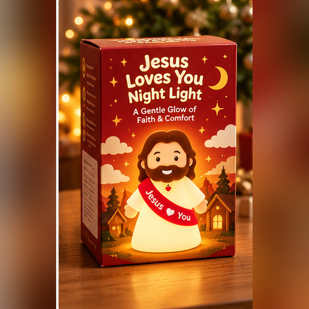 Illustrative red paperboard gift packaging design for the Jesus Loves You night light