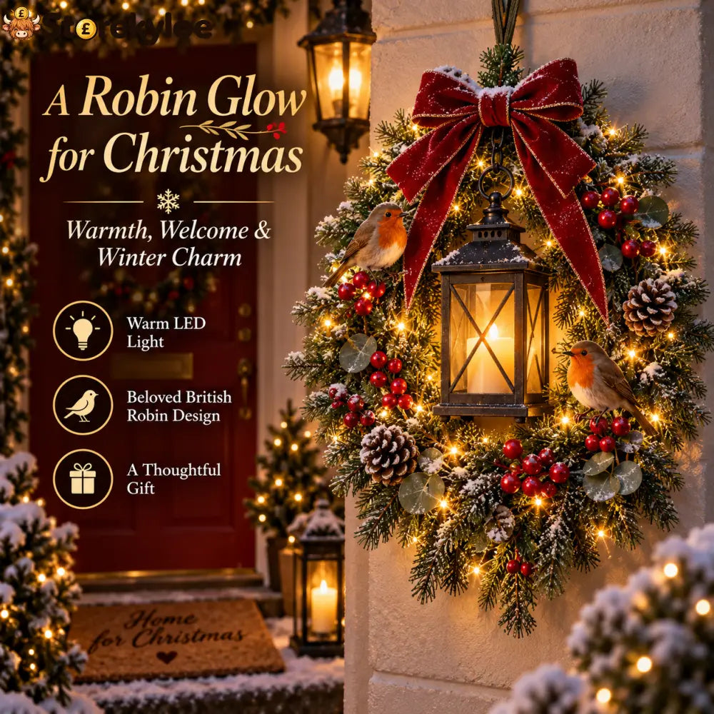 A Robin Glow Lighted Robin Christmas Wreath