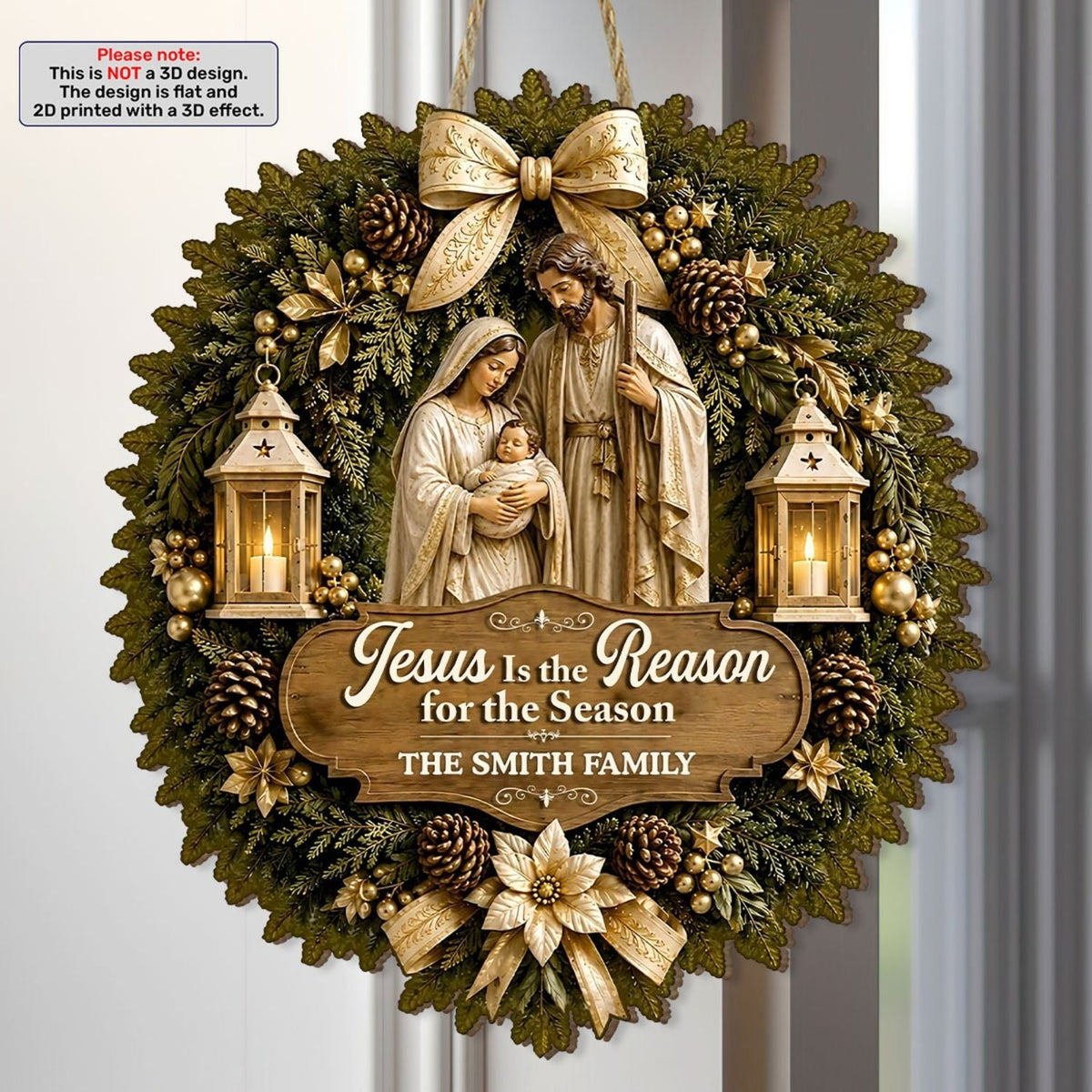 Flat printed wooden sign with a dimensional visual effect, not a sculpted wreath