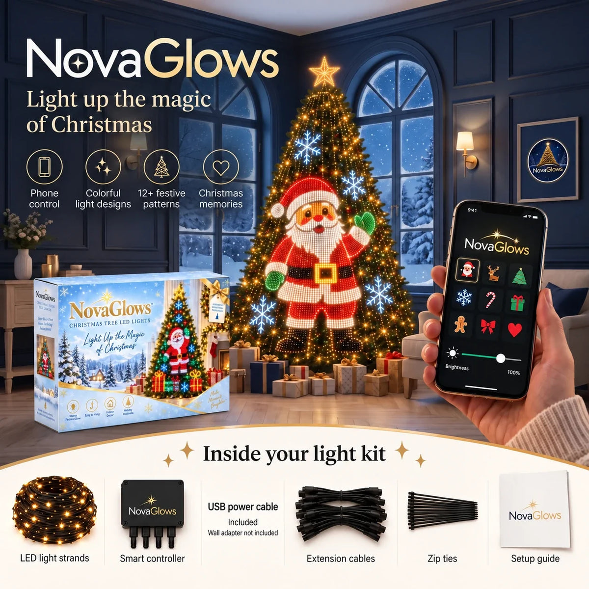 NovaGlows Christmas tree light kit with USB power cable included; wall adapter not included