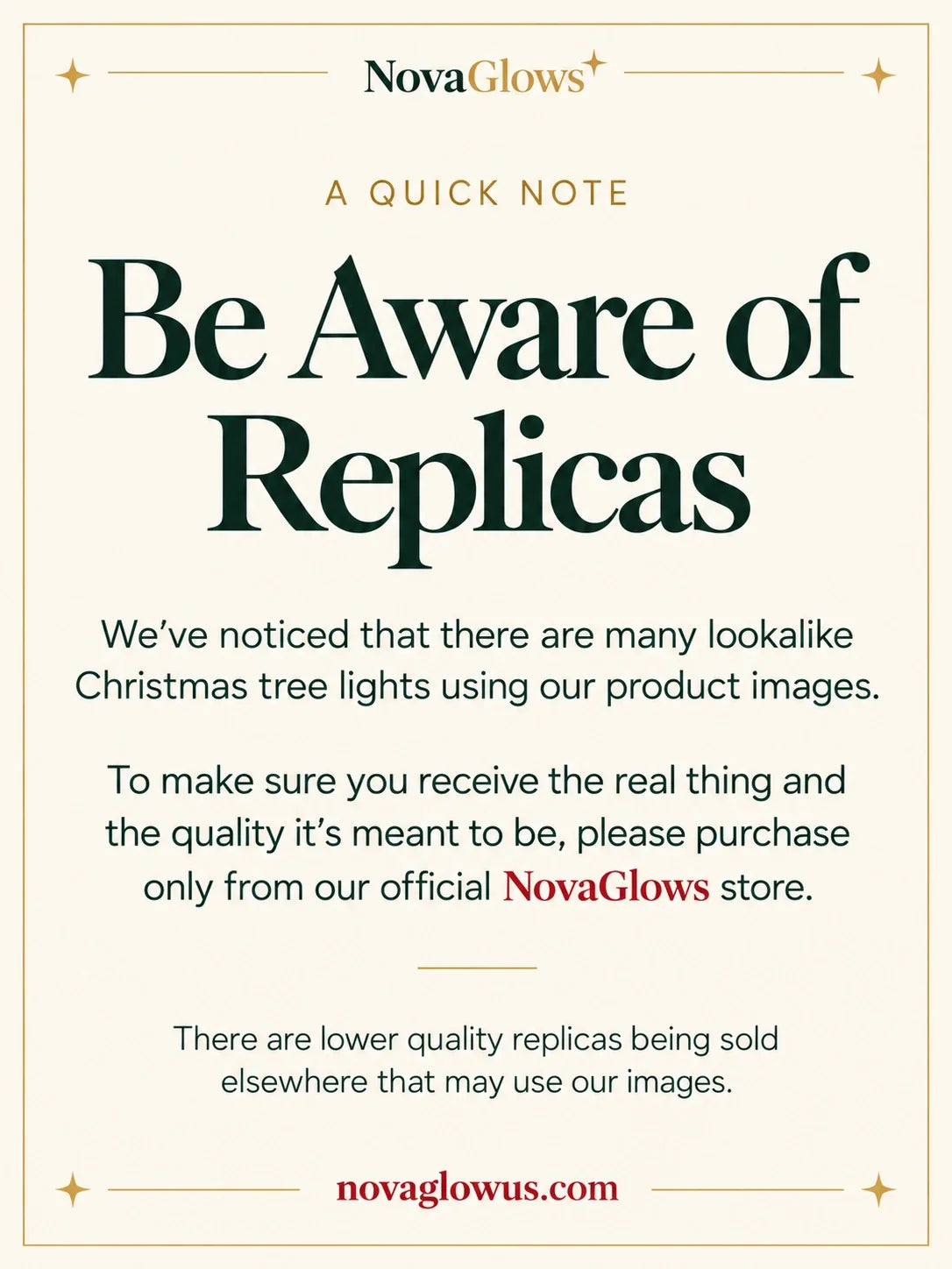 NovaGlows official store notice: Be Aware of Replicas. Shop at novaglowus.com.