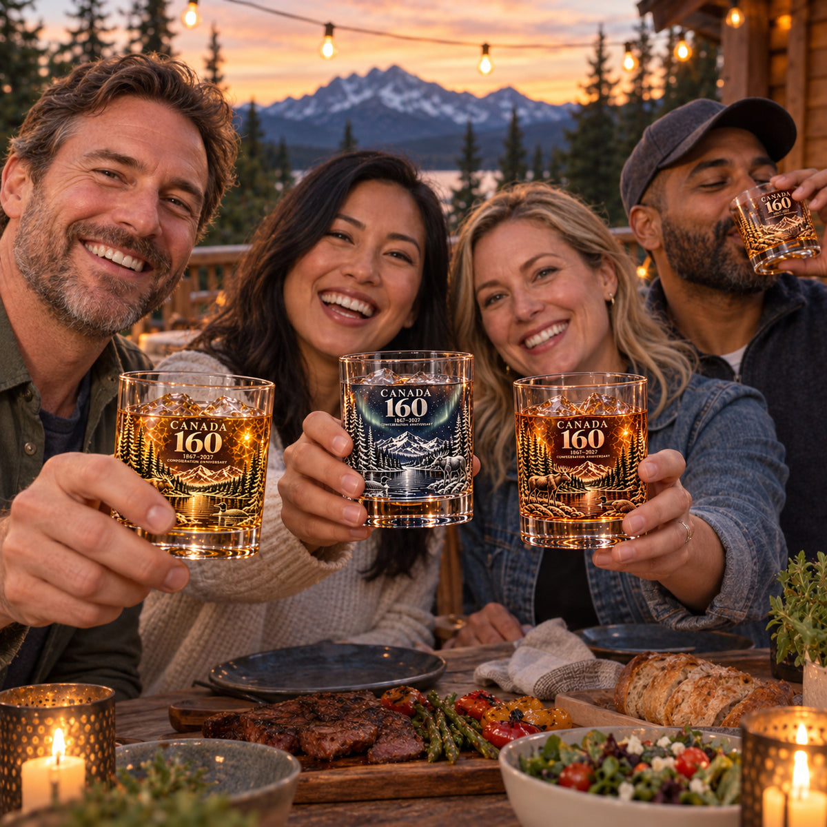 Three adults raising Canada 160 anniversary glasses together