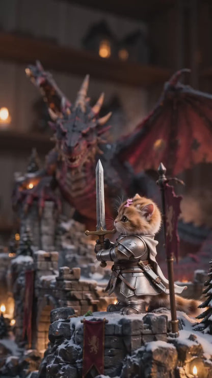 🐉 Knight Cat vs. The Dragon™ – Animated Fire-Breathing Dragon with Flapping Wings | Lighted Fantasy Castle Village