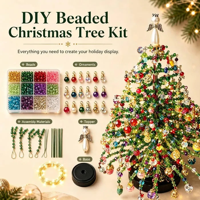 Hands assembling DIY beaded Christmas tree