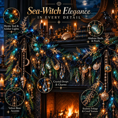 🌊 Dark Ocean Sea Witch Garland – Mystic Teal & Amber Lighted Gothic Coastal Decor