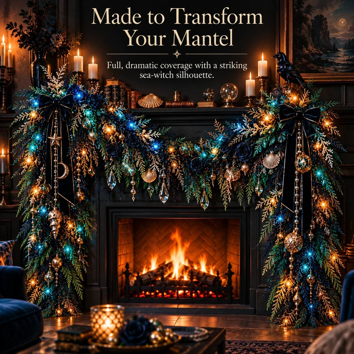🌊 Dark Ocean Sea Witch Garland – Mystic Teal & Amber Lighted Gothic Coastal Decor