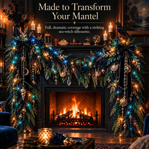 🌊 Dark Ocean Sea Witch Garland – Mystic Teal & Amber Lighted Gothic Coastal Decor