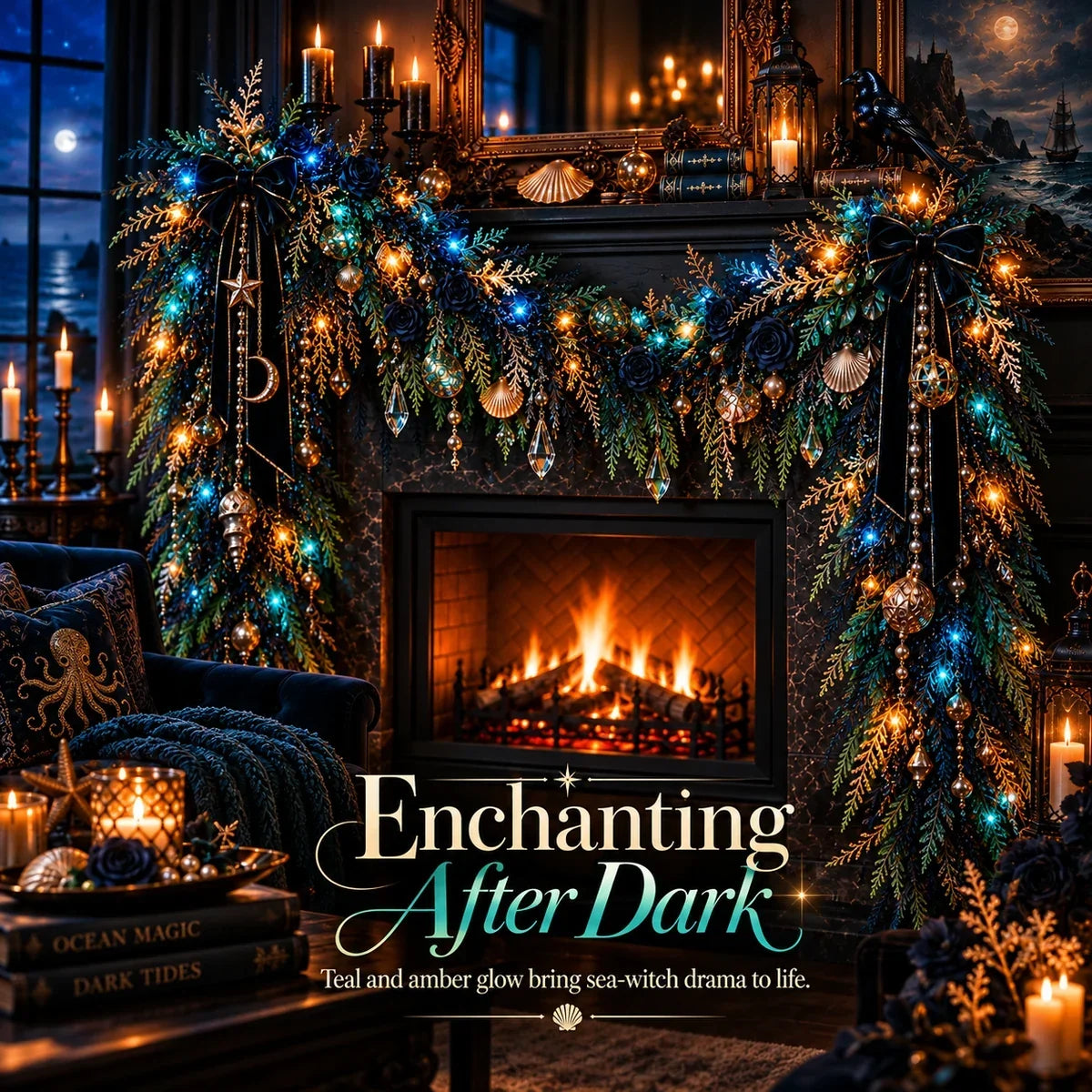 🌊 Dark Ocean Sea Witch Garland – Mystic Teal & Amber Lighted Gothic Coastal Decor