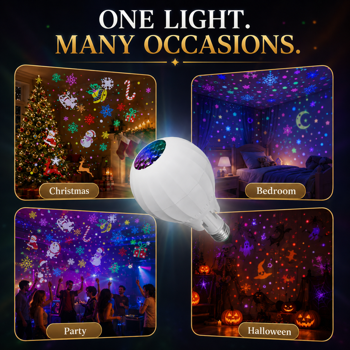 Christmas projector bulb in cozy small room