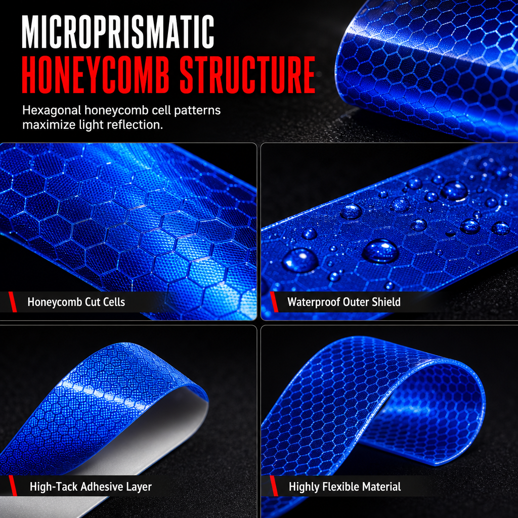 Reflective bumper strips on rainy low-light road