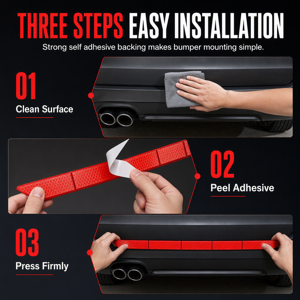 Three step installation for reflective bumper strips