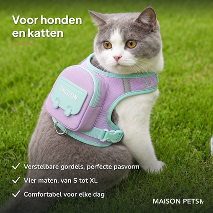Verstelbaar tuig met opbergvak hond en kat lila — kat in gras draagt lila tuig met opbergvak, voor honden en katten